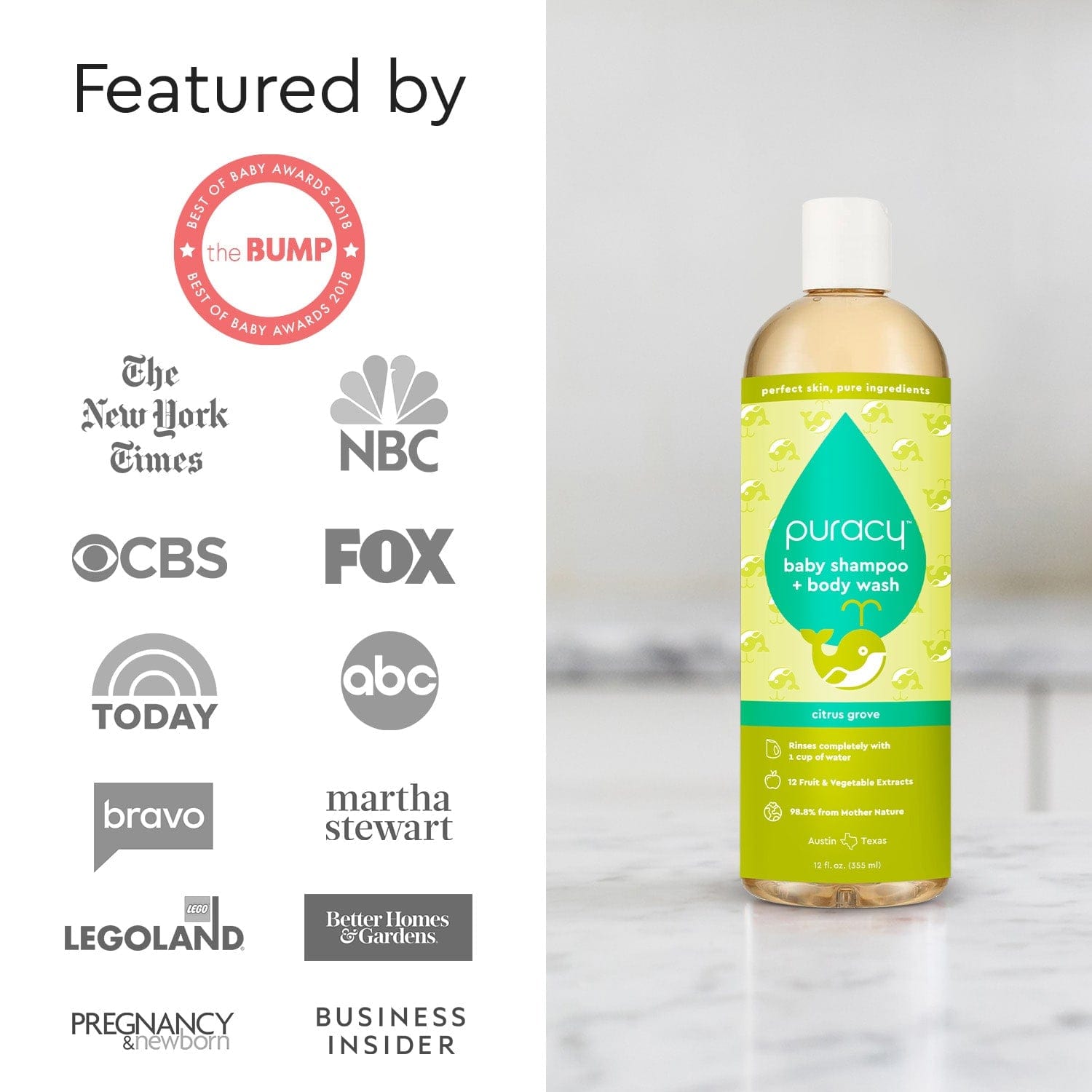 Puracy Baby Shampoo and Body Wash with Citrus Grove scent, tear-free formula, shown in a standard pack of 2 bottles.