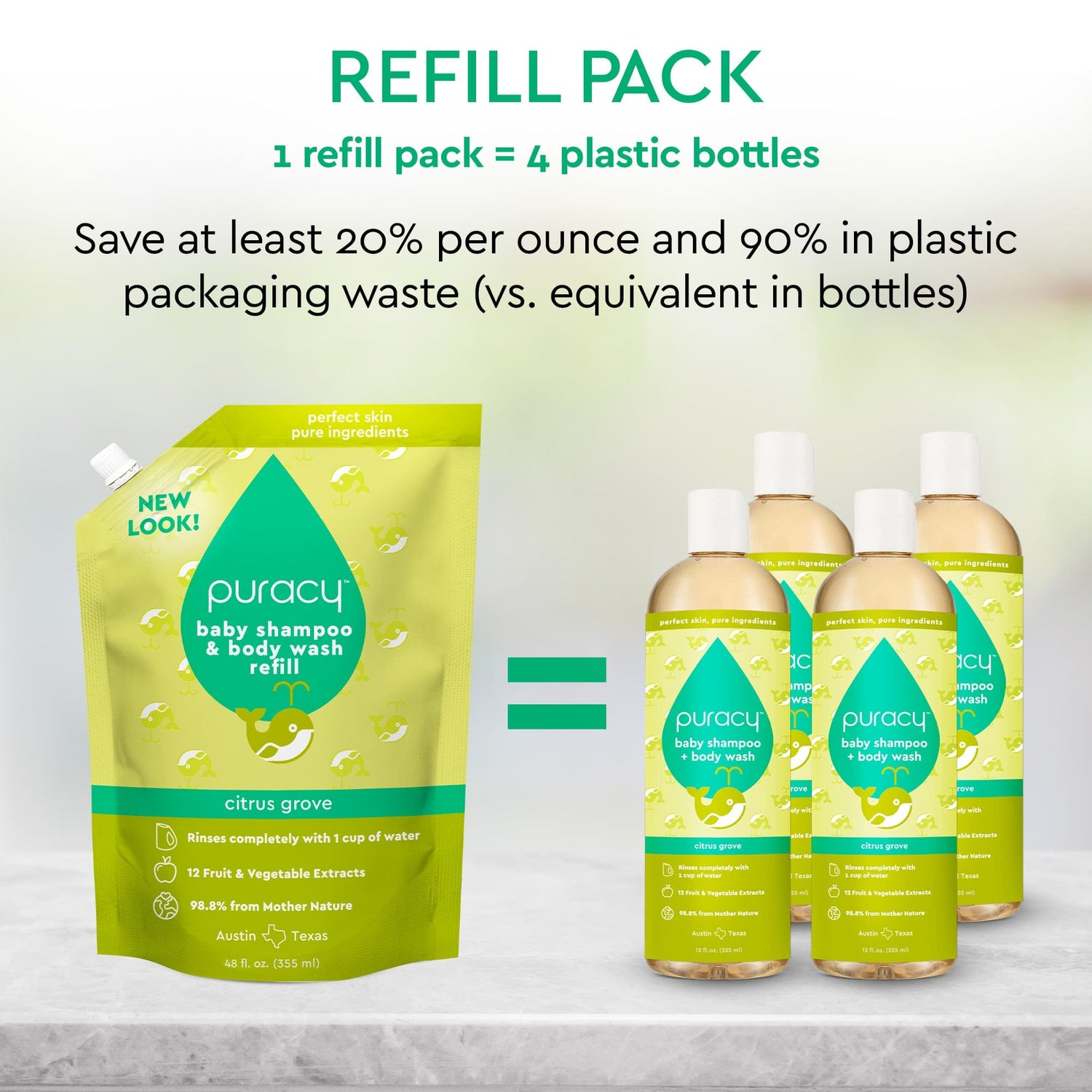 Puracy Baby Shampoo & Body Wash in Citrus Grove, tear-free formula, in a standard pack of 2 bottles, gentle for baby skin and hair.