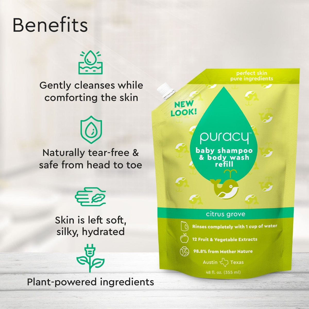 Puracy Baby Shampoo & Body Wash in Citrus Grove scent, tear-free formula, shown in a standard pack of two bottles with orange and green labeling.
