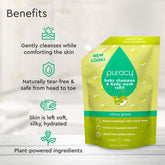 Puracy Baby Shampoo & Body Wash in Citrus Grove scent, tear-free formula, shown in a standard pack of two bottles with orange and green labeling.