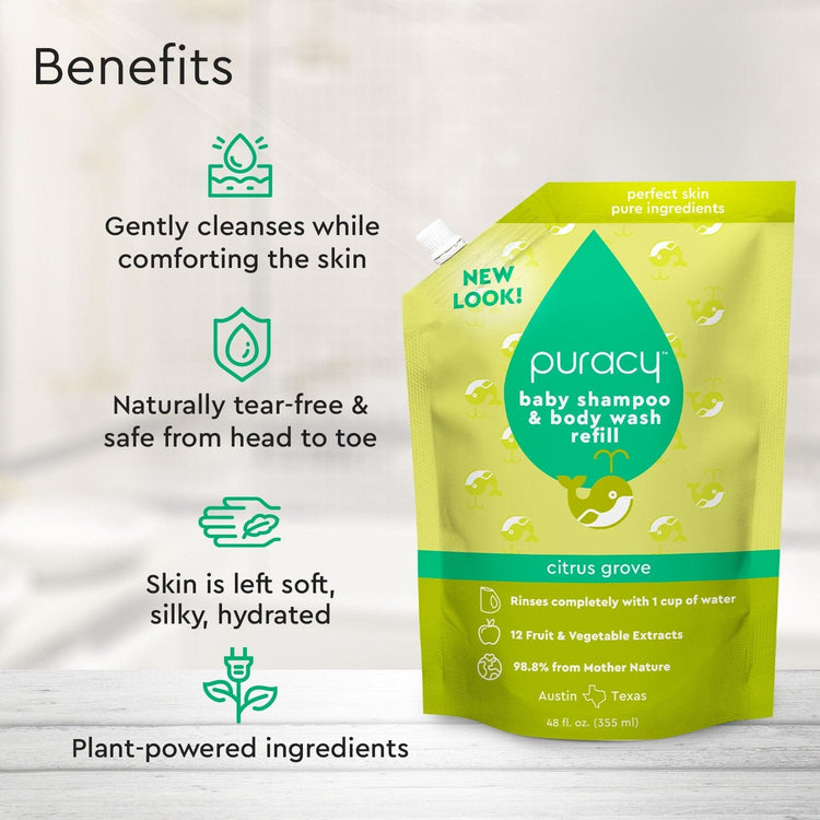Puracy Baby Shampoo & Body Wash in Citrus Grove scent, tear-free formula, shown in a standard pack of two bottles with orange and green labeling.