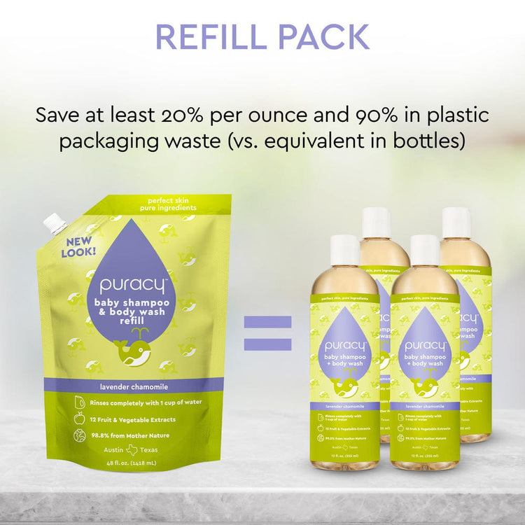 Puracy baby shampoo and body wash in citrus grove scent, tear-free formula, shown in a standard pack of 2 bottles.
