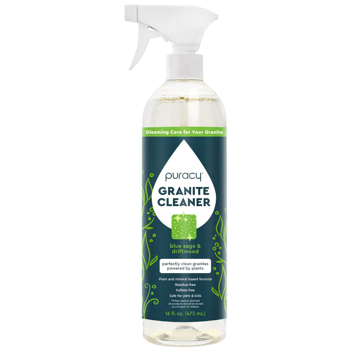 Puracy Blue Sage Driftwood Granite Cleaner bottle with spray nozzle, designed for cleaning and shining kitchen granite surfaces.