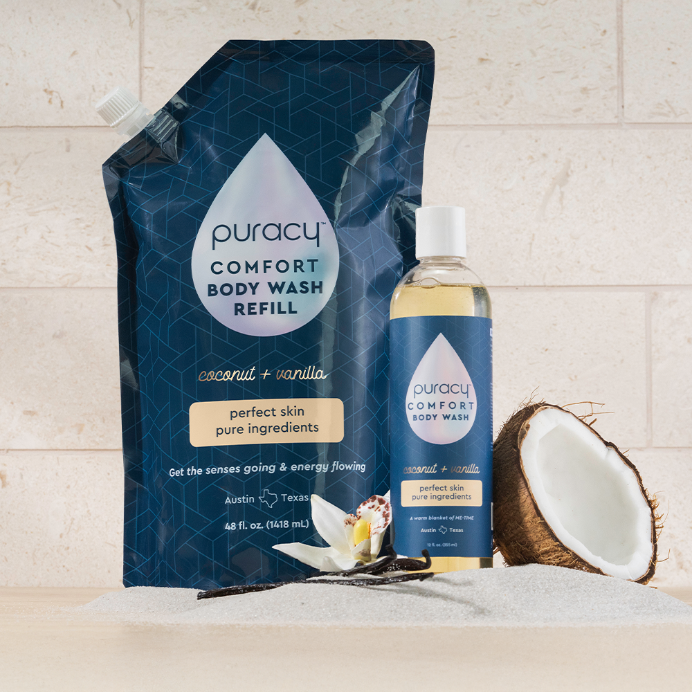 Puracy acidified, pH-balanced citrus sea salt body wash showing the bottle with citrus slices and sea salt ingredients