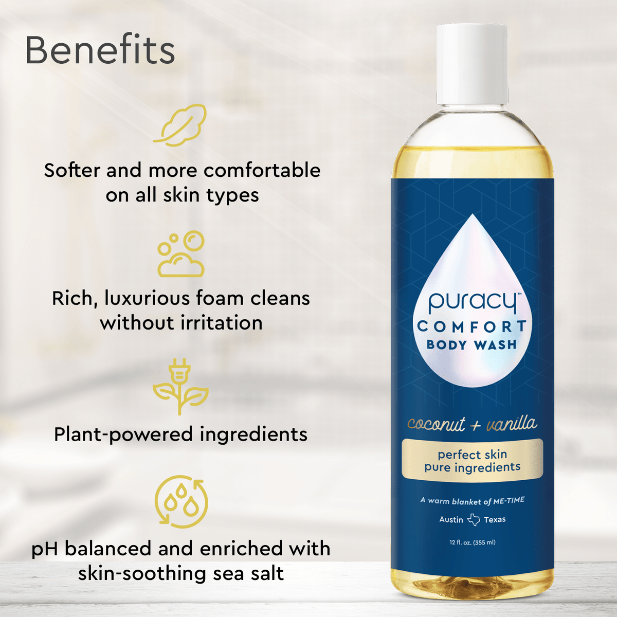 Puracy acidified, pH balanced citrus and sea salt body wash, showing a clear bottle with citrus slices and sea salt in the background.