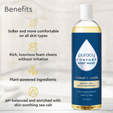 Puracy acidified, pH balanced citrus and sea salt body wash, showing a clear bottle with citrus slices and sea salt in the background.