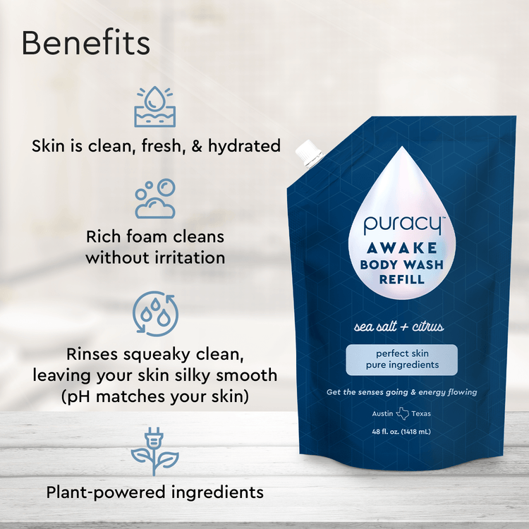 Puracy acidified, pH balanced citrus and sea salt body wash with natural ingredients for clean, refreshed skin.