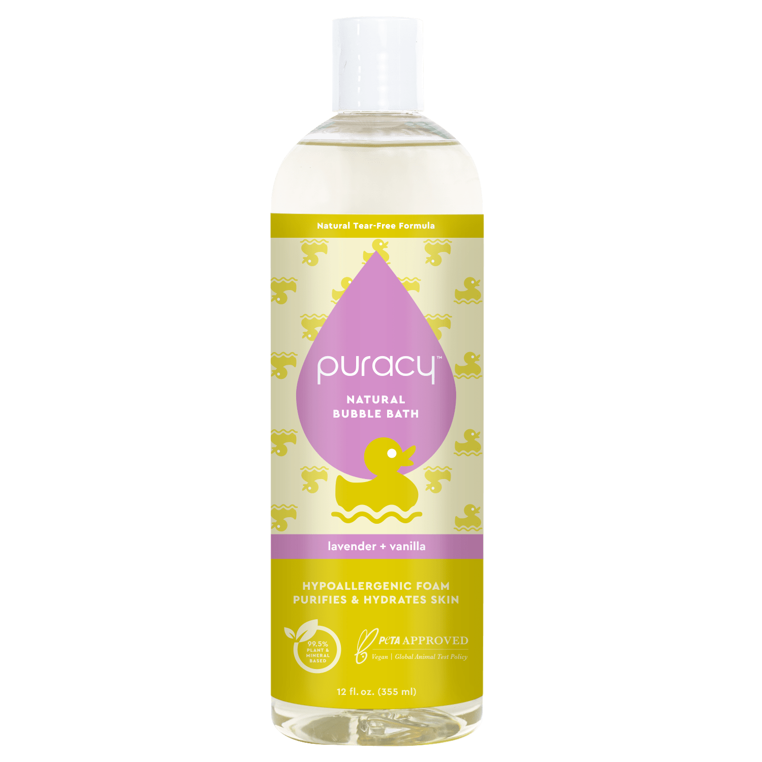 Puracy hypoallergenic baby bubble bath with lavender and vanilla scent in a clear bottle, gentle and safe for infants.