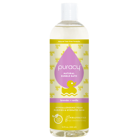 Puracy hypoallergenic baby bubble bath with lavender and vanilla scent in a clear bottle, gentle and safe for infants.
