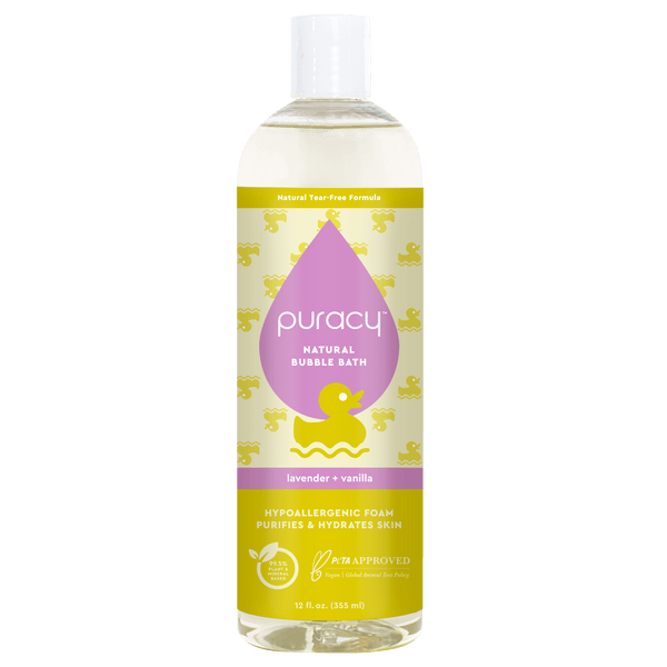 Puracy hypoallergenic baby bubble bath with lavender and vanilla scent in a clear bottle, gentle and safe for infants.