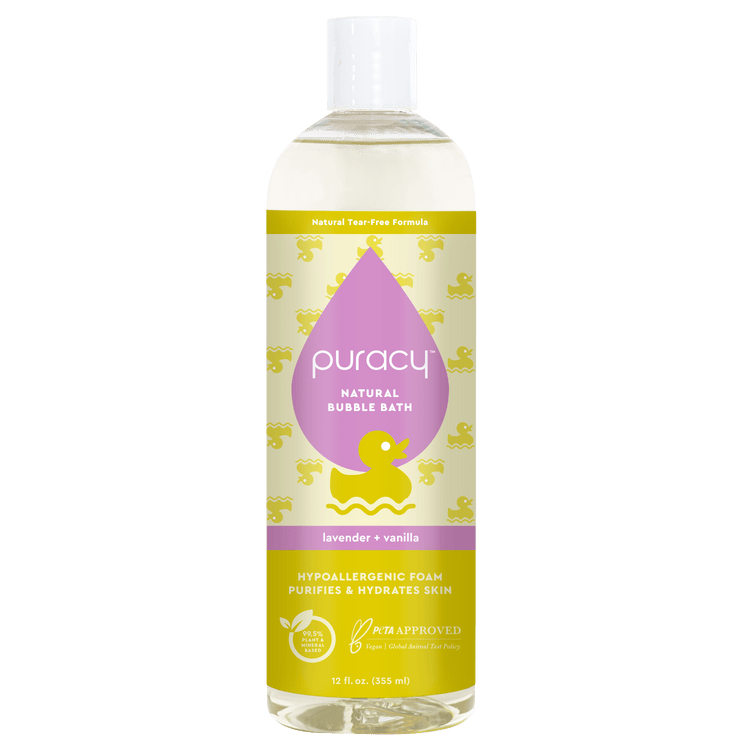 Puracy hypoallergenic baby bubble bath with lavender and vanilla scent in a clear bottle, gentle and safe for infants.