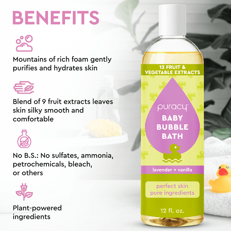 Puracy hypoallergenic baby bubble bath with lavender and vanilla scent, showing a clear bottle with a pump dispenser and lavender flowers.