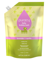 Puracy hypoallergenic lavender vanilla baby bubble bath in a clear bottle with a pump dispenser, gentle for sensitive skin.