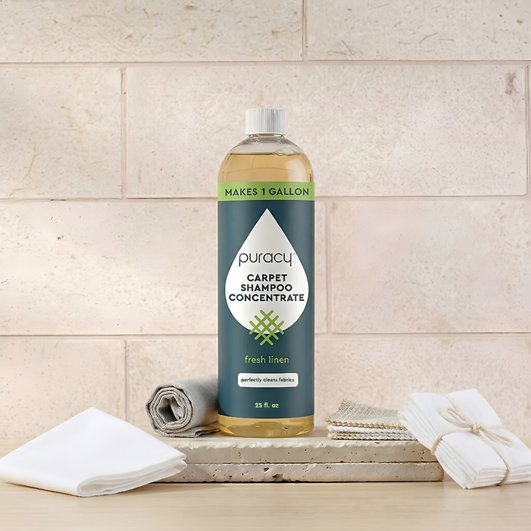 Puracy Carpet & Upholstery Shampoo with fresh citrus scent, designed for deep cleaning carpets and upholstery.