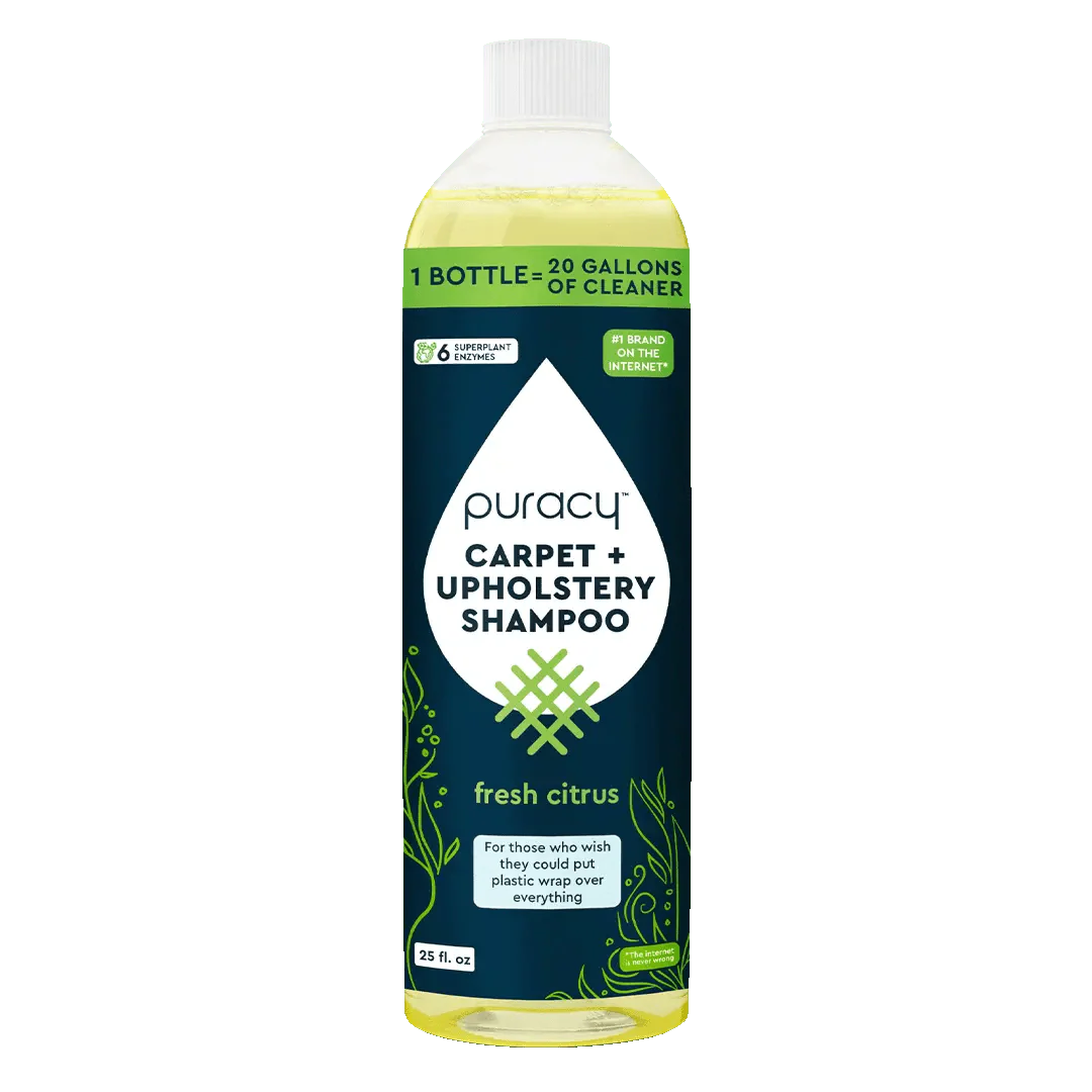 Puracy Carpet and Upholstery Shampoo with fresh citrus scent, suitable for cleaning carpets and upholstery.