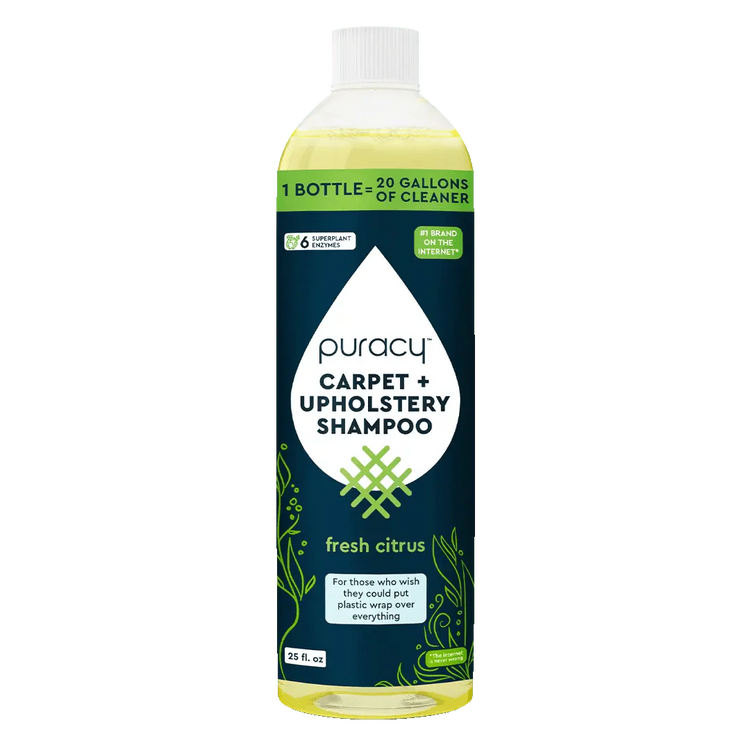 Puracy Carpet and Upholstery Shampoo with fresh citrus scent, suitable for cleaning carpets and upholstery.