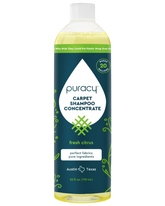 Puracy Carpet and Upholstery Shampoo with fresh citrus scent, designed for deep cleaning of carpets and upholstery.