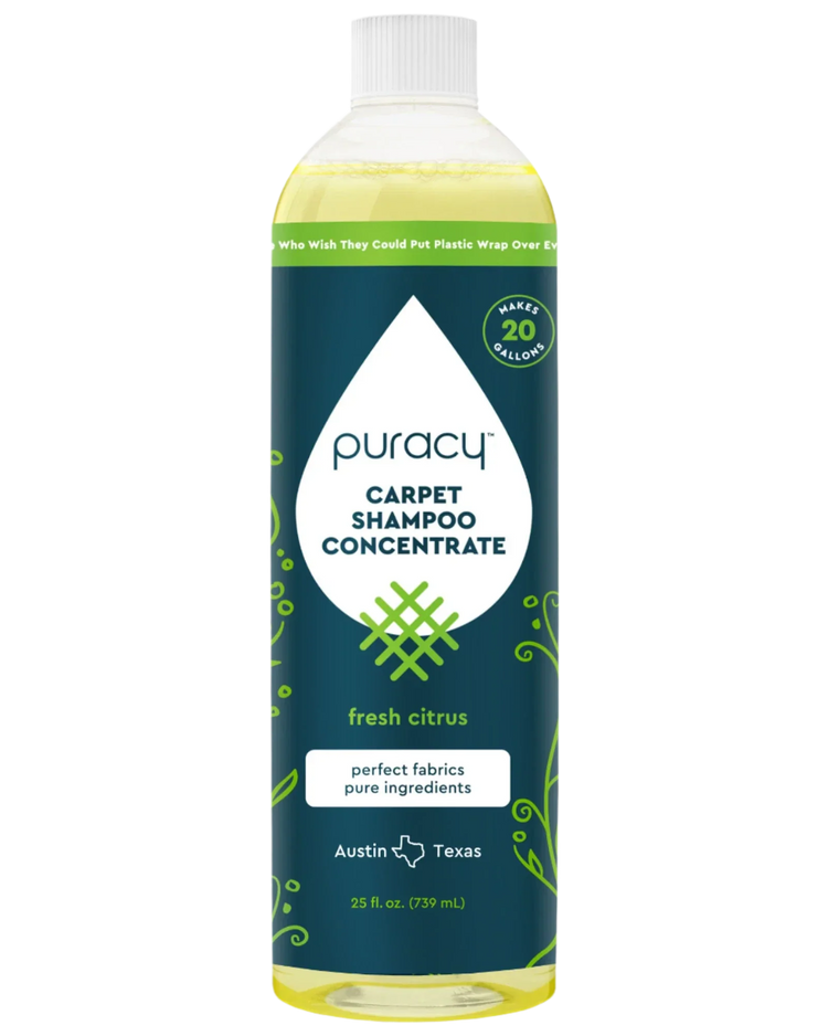 Puracy Carpet and Upholstery Shampoo with fresh citrus scent, designed for deep cleaning of carpets and upholstery.