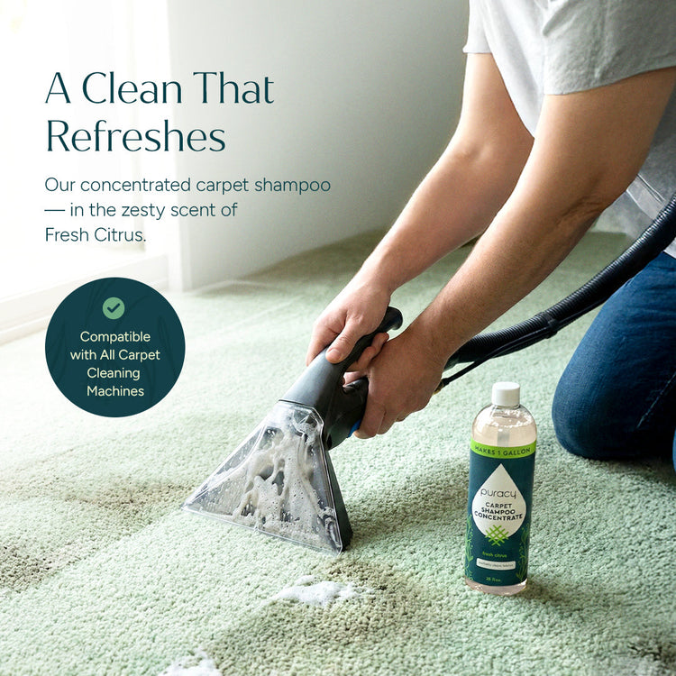 Puracy Carpet & Upholstery Shampoo with fresh citrus scent, designed for cleaning carpets and upholstery effectively.