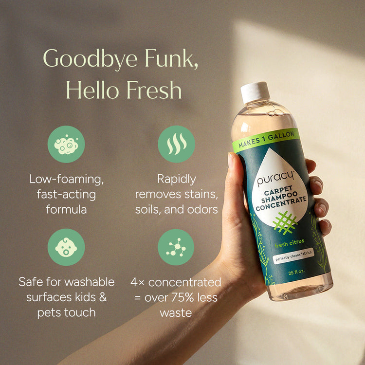 Puracy Carpet and Upholstery Shampoo with fresh citrus scent, designed for cleaning carpets and upholstery effectively.