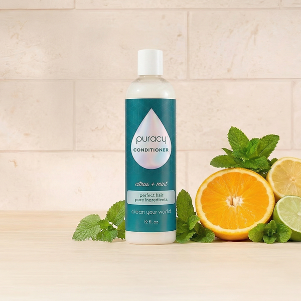 Puracy citrus mint conditioner in a bottle, sulfate and silicone-free hair conditioner with natural ingredients.