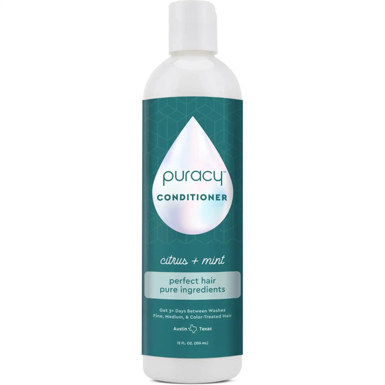 Puracy citrus mint conditioner in a bottle, sulfate-free, silicone, and dimethicone-free for healthy, shiny hair.