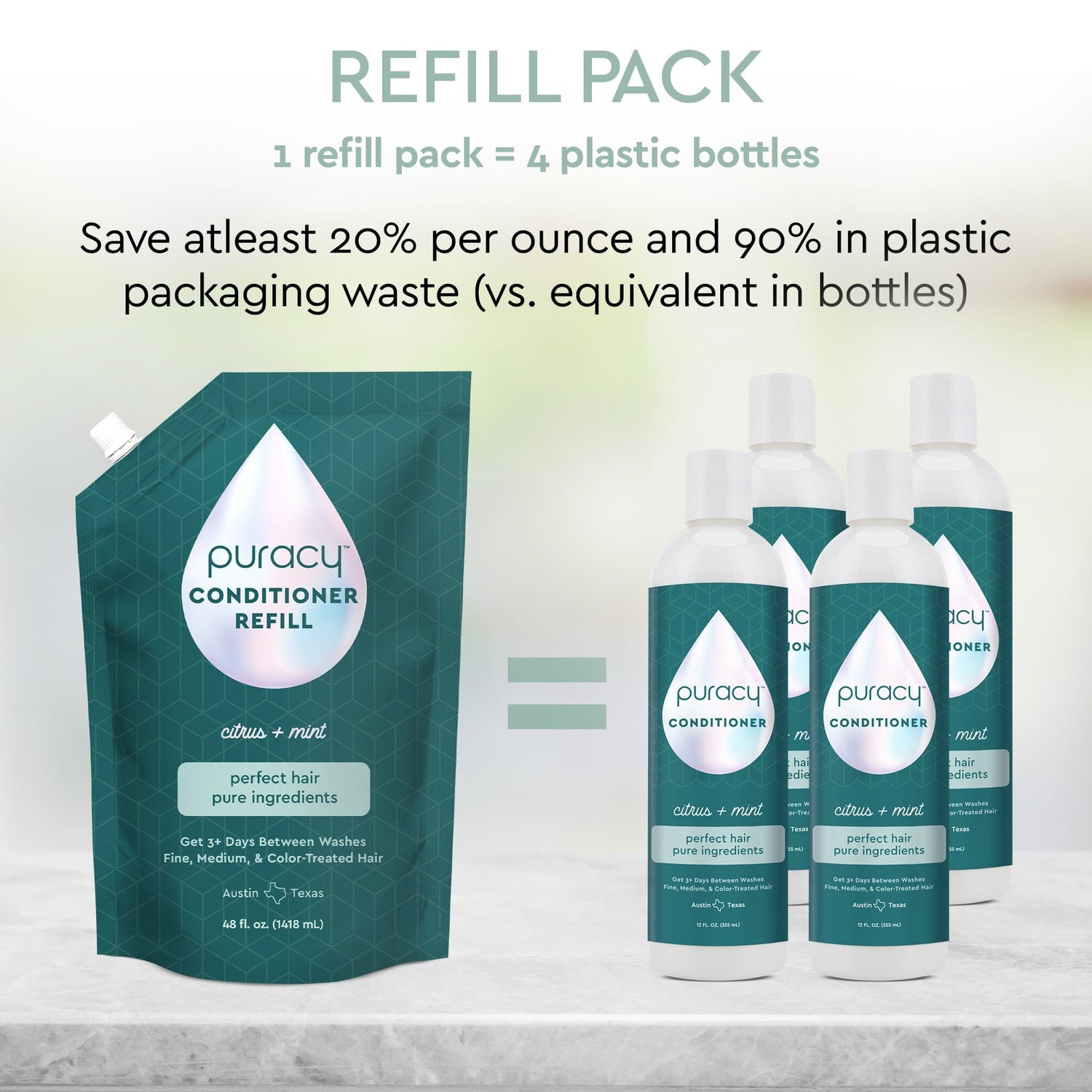 Puracy conditioner with citrus and mint scent, sulfate-free, silicone and dimethicone-free, for healthy, nourished hair.