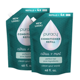 Puracy conditioner with citrus mint scent, sulfate-free and silicone-free, showing the bottle with fresh citrus and mint leaves.