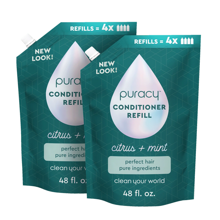 Puracy conditioner with citrus mint scent, sulfate-free and silicone-free, showing the bottle with fresh citrus and mint leaves.