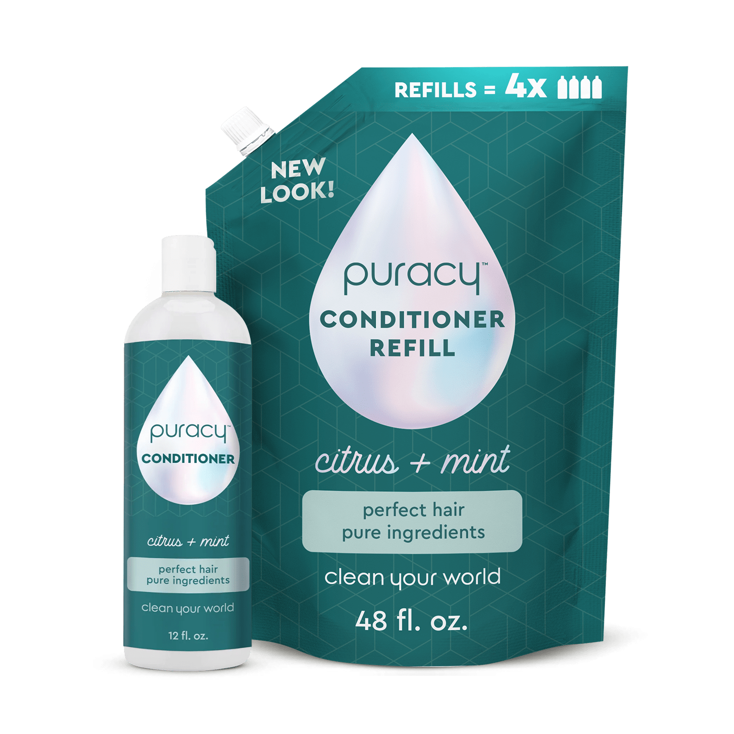 Puracy conditioner with citrus mint scent, sulfate-free and silicone-free, showing the bottle with label and citrus fruits.