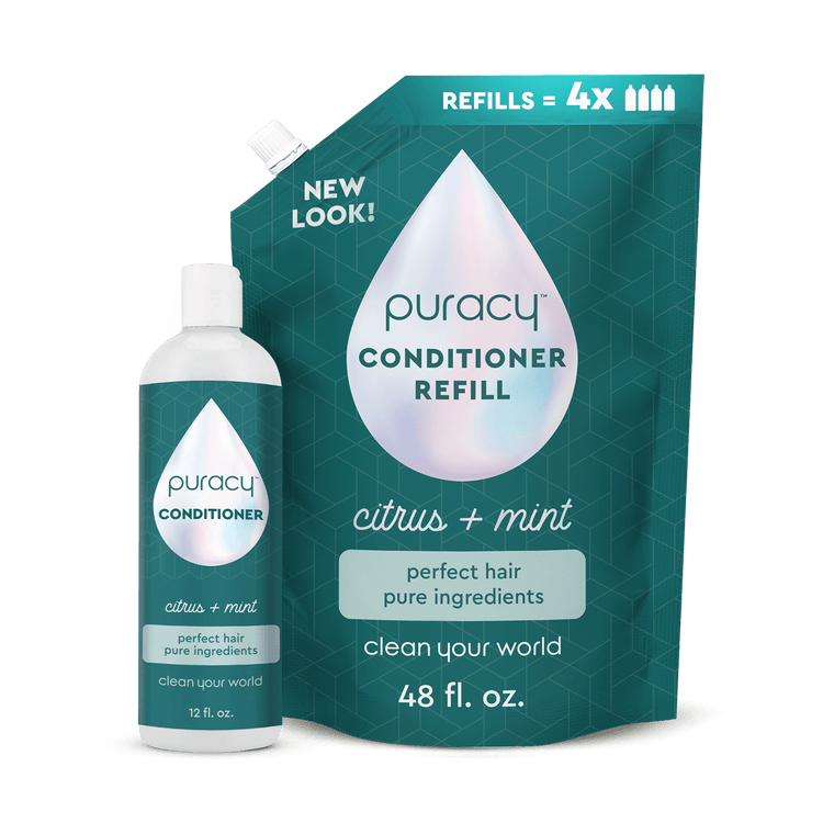 Puracy conditioner with citrus mint scent, sulfate-free and silicone-free, showing the bottle with label and citrus fruits.