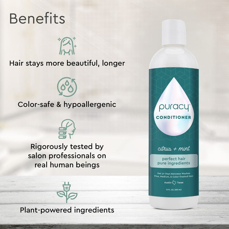 Puracy conditioner in citrus mint scent, sulfate and silicone free, showing the bottle with natural ingredients in the background.