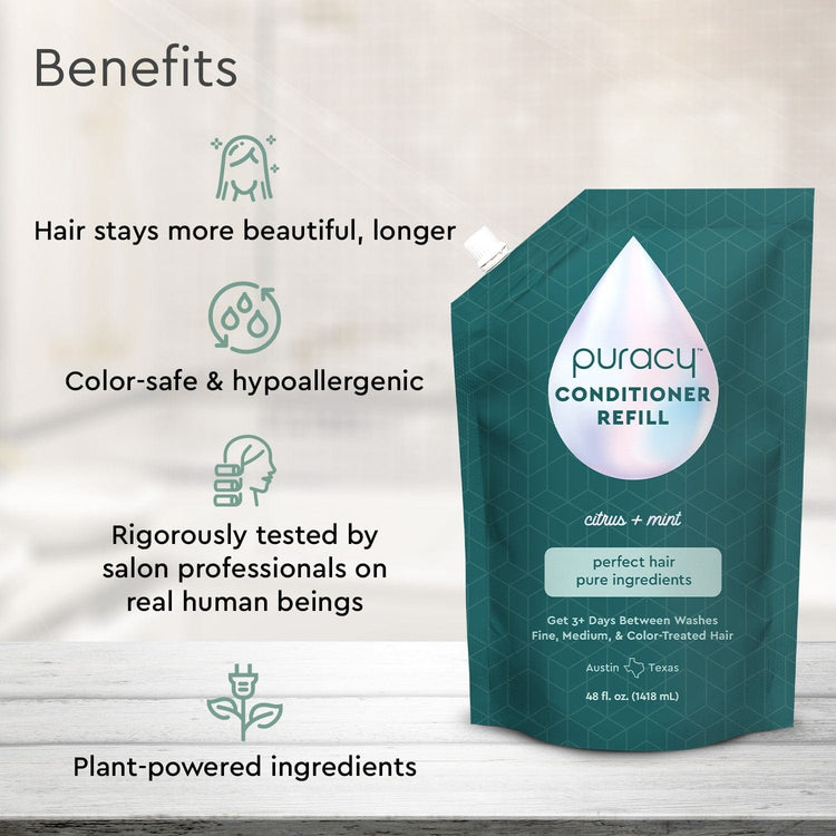 Puracy conditioner with citrus and mint scent, sulfate-free, silicone and dimethicone-free, for nourishing hair care.