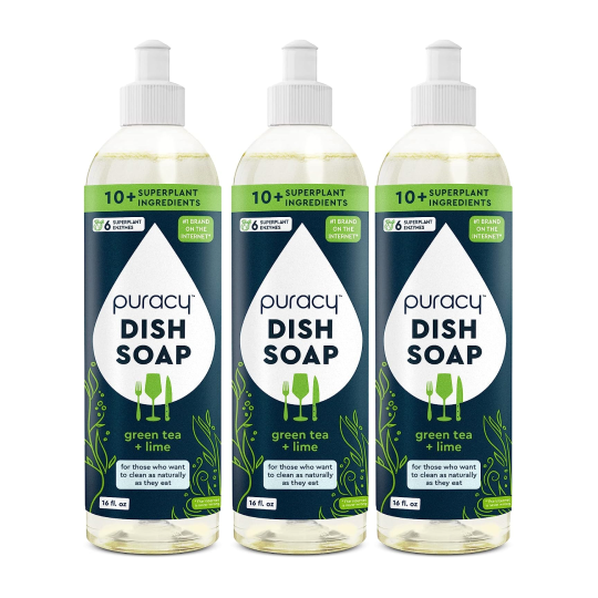 Puracy dish soap with green tea and lime scent in a standard pack of 3 bottles, suitable for hand washing dishes.