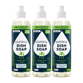 Puracy dish soap with green tea and lime scent in a standard pack of 3 bottles, suitable for hand washing dishes.