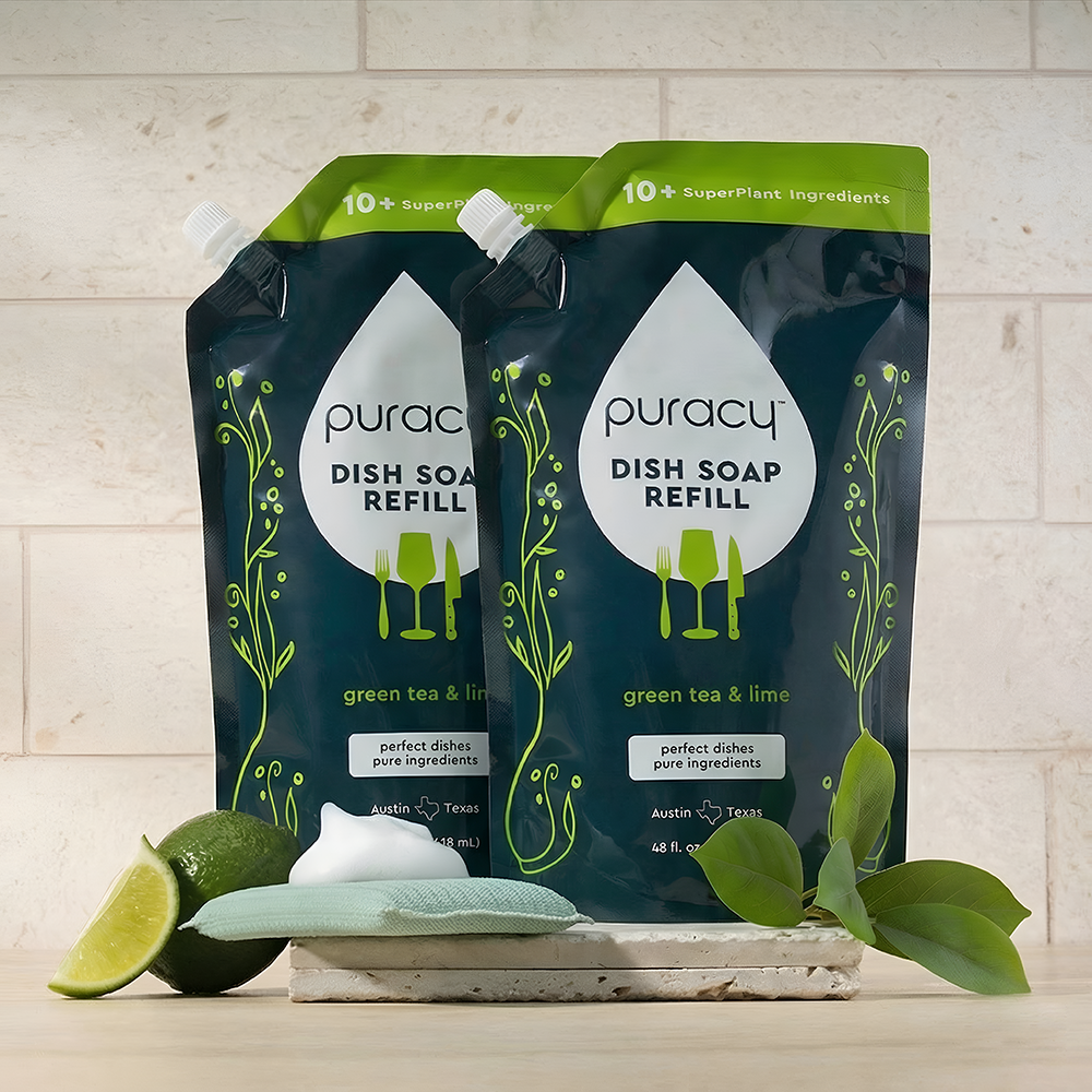 Puracy dish soap with green tea and lime scent in a standard pack of three bottles, showcasing the soap and packaging.