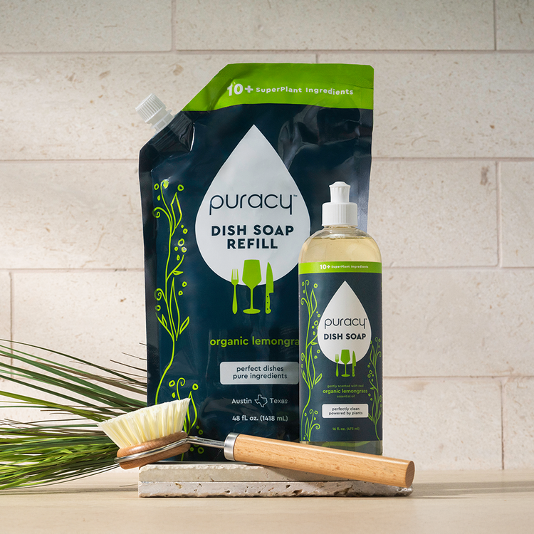 Puracy dish soap with green tea and lime scent, three bottles in a standard pack for effective kitchen dish cleaning.