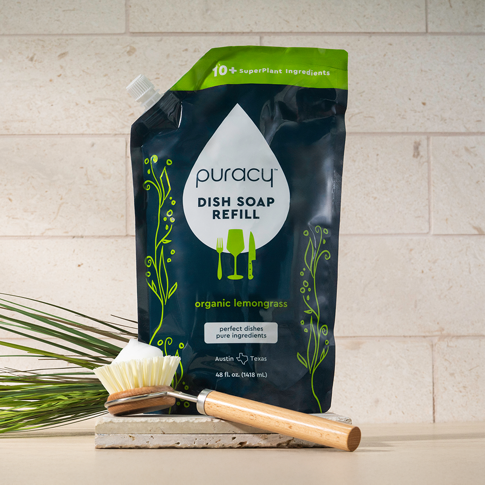 Puracy dish soap in a green tea lime scent, shown in a standard pack of three bottles, ideal for eco-friendly dishwashing.