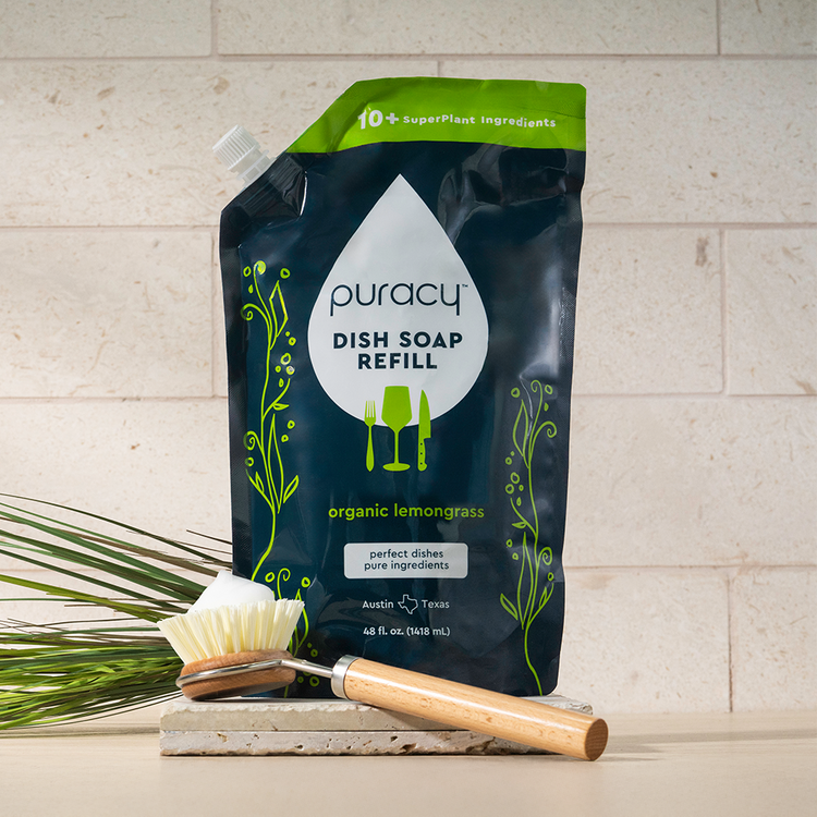 Puracy dish soap in a green tea lime scent, shown in a standard pack of three bottles, ideal for eco-friendly dishwashing.