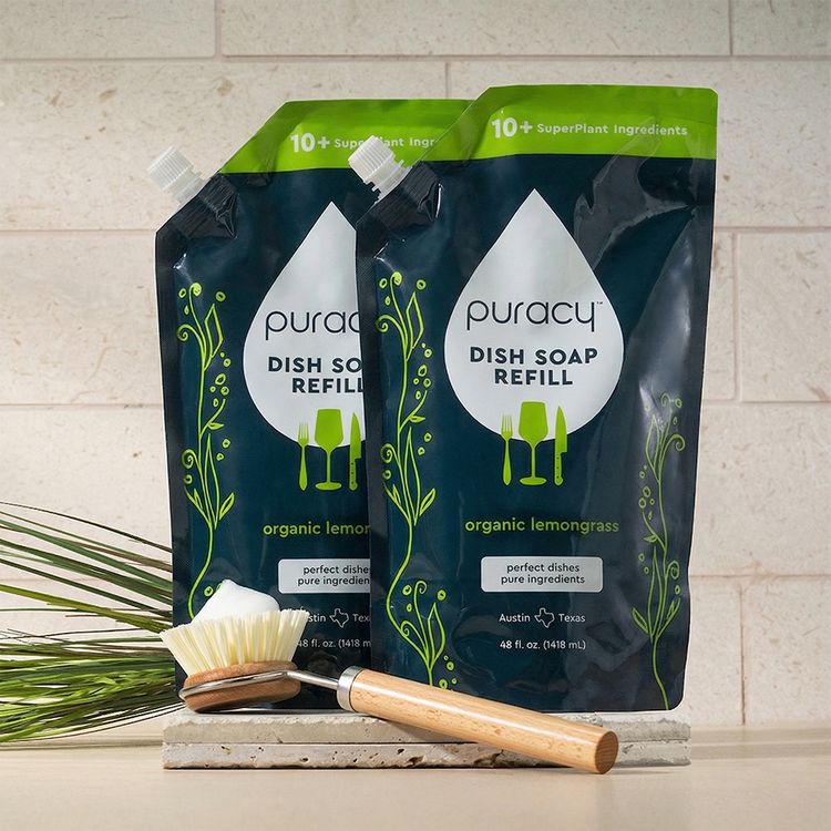 Puracy dish soap in a standard pack of 3 bottles with green tea and lime scent, designed for effective kitchen dish cleaning.