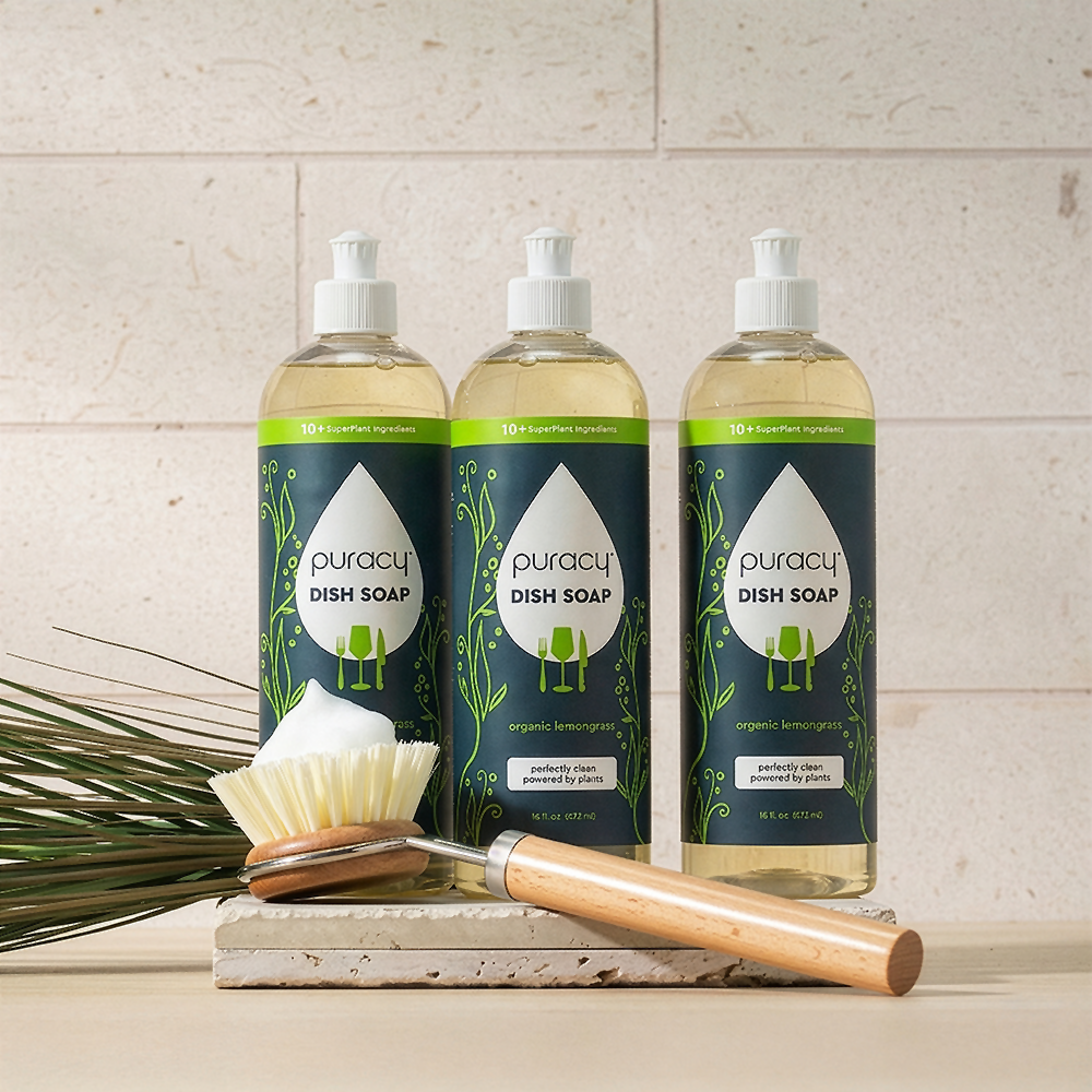 Puracy dish soap with green tea and lime scent in a standard pack of three, showing the liquid soap and packaging.
