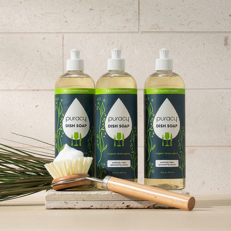 Puracy dish soap with green tea and lime scent in a standard pack of three, showing the liquid soap and packaging.