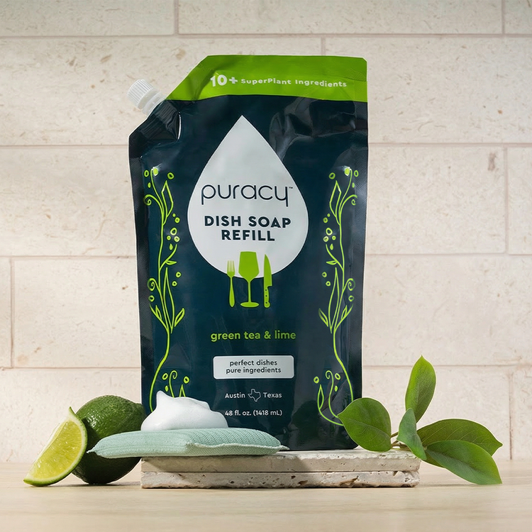 Puracy dish soap with green tea and lime scent, three bottles in standard pack, showing the label and liquid inside.
