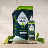 Puracy dish soap in green tea lime scent, three-pack of liquid dish soap for effective kitchen cleaning.