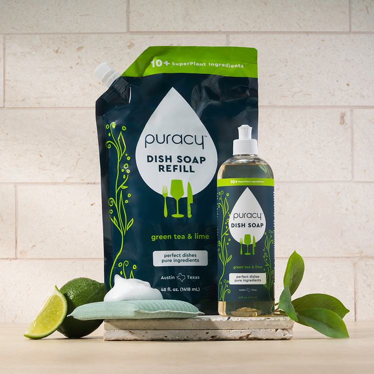Puracy dish soap in green tea lime scent, three-pack of liquid dish soap for effective kitchen cleaning.