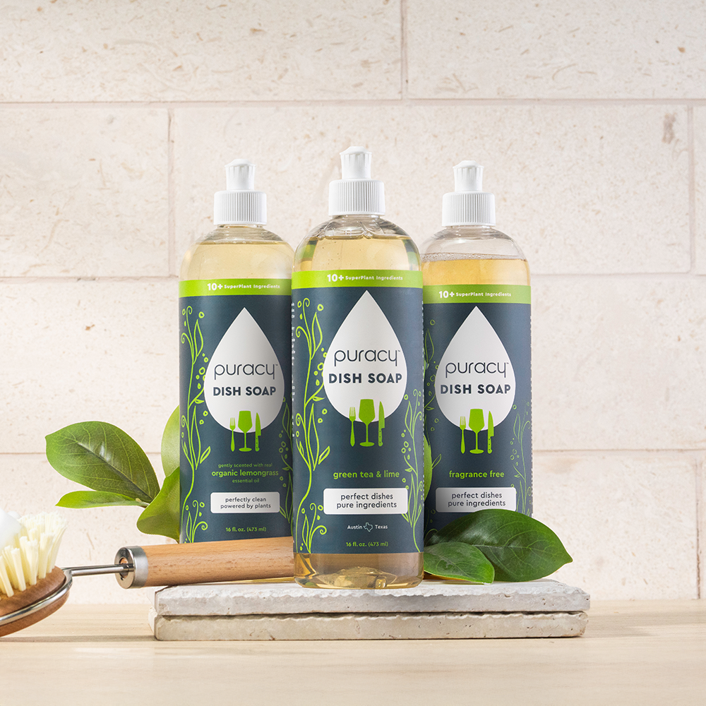 Puracy dish soap with green tea and lime scent in a pack of 3, natural formula for effective dish cleaning.