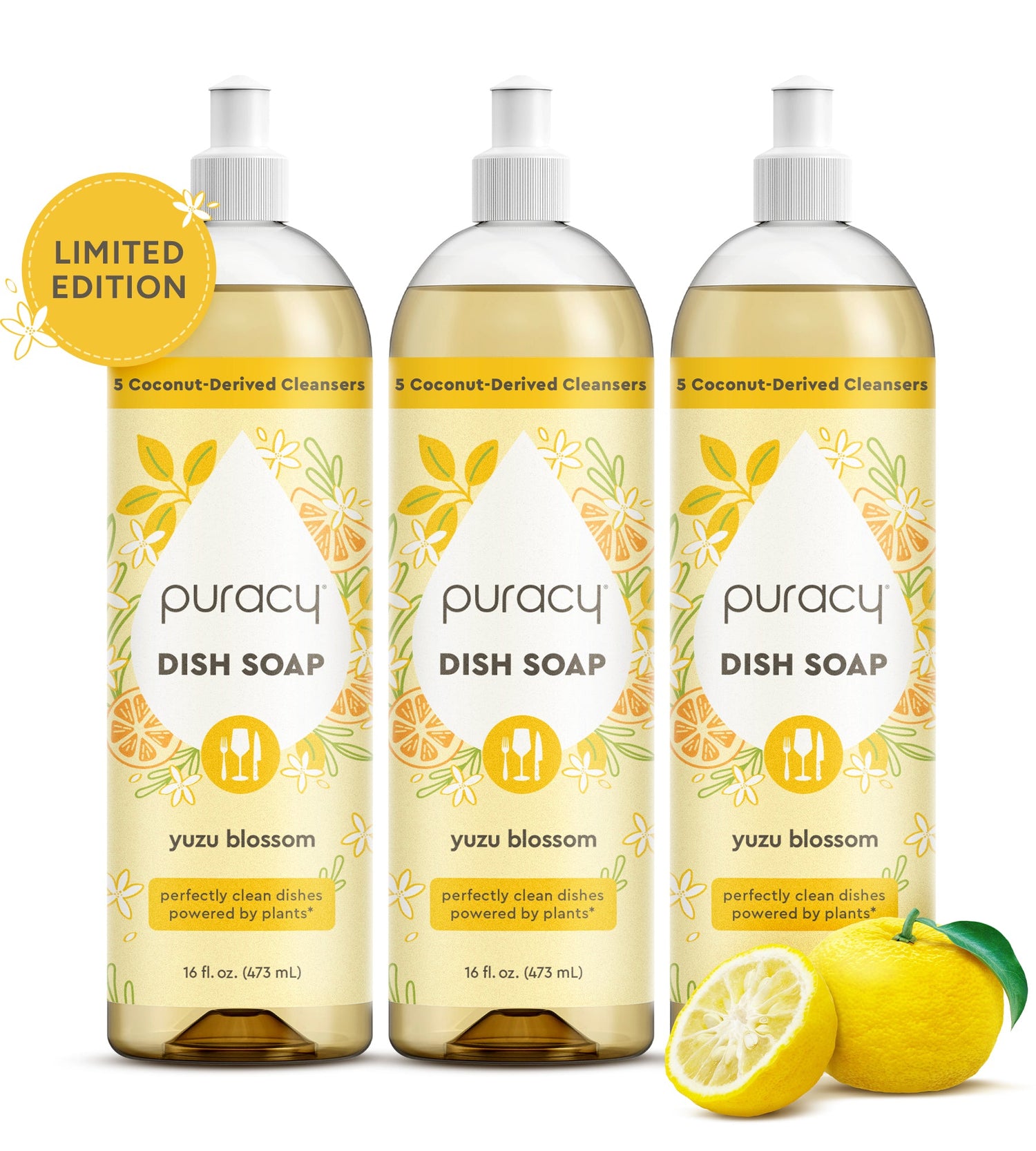 Puracy dish soap with green tea and lime scent in a pack of three, natural cleaning liquid for dishes and kitchen use.