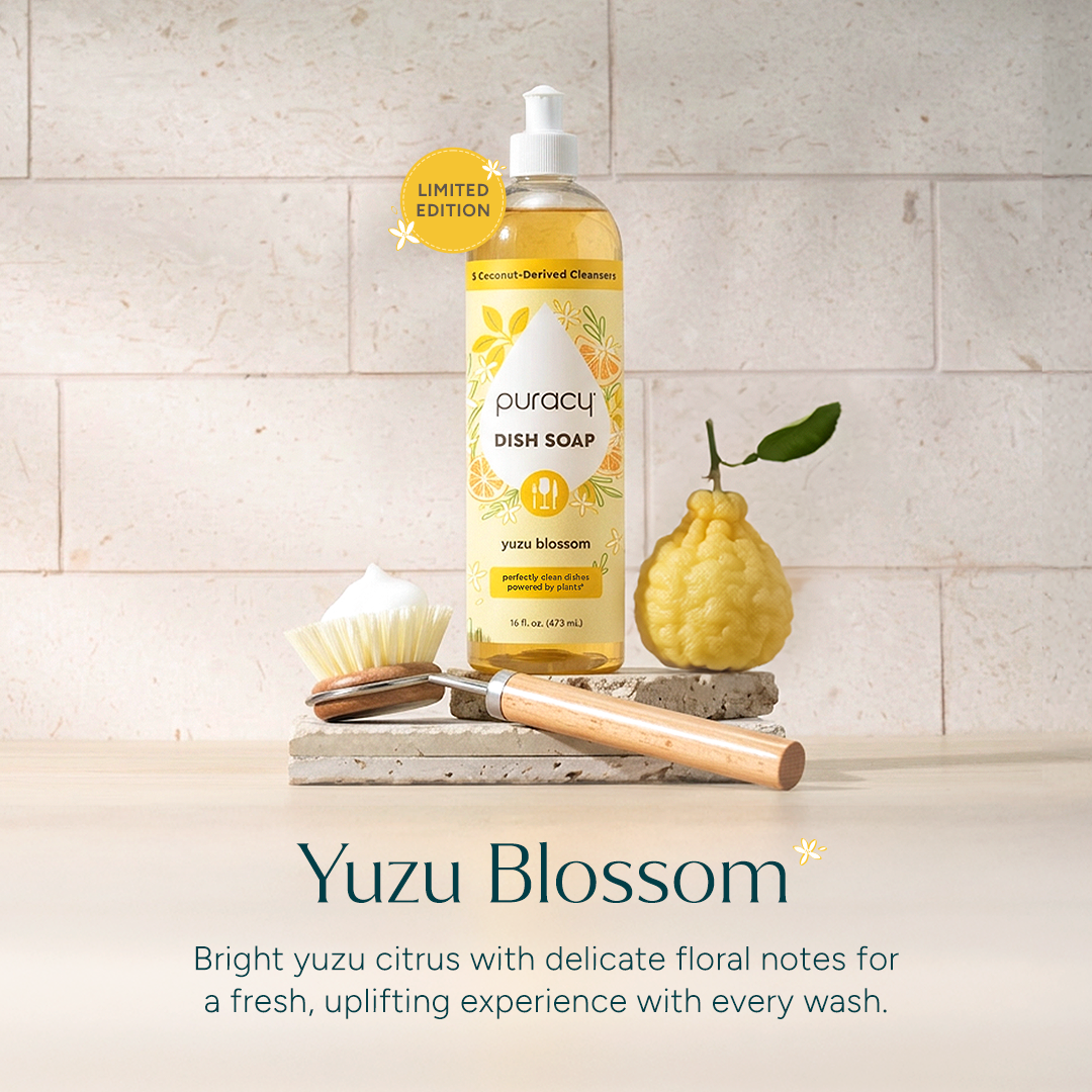 Puracy dish soap with green tea and lime scent in a standard pack of three bottles, natural cleaning liquid for dishes.