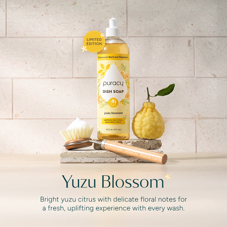 Puracy dish soap with green tea and lime scent in a standard pack of three bottles, natural cleaning liquid for dishes.