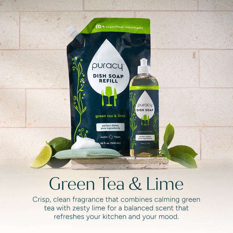Puracy dish soap with green tea and lime scent, shown in a standard pack of three bottles for cleaning dishes.